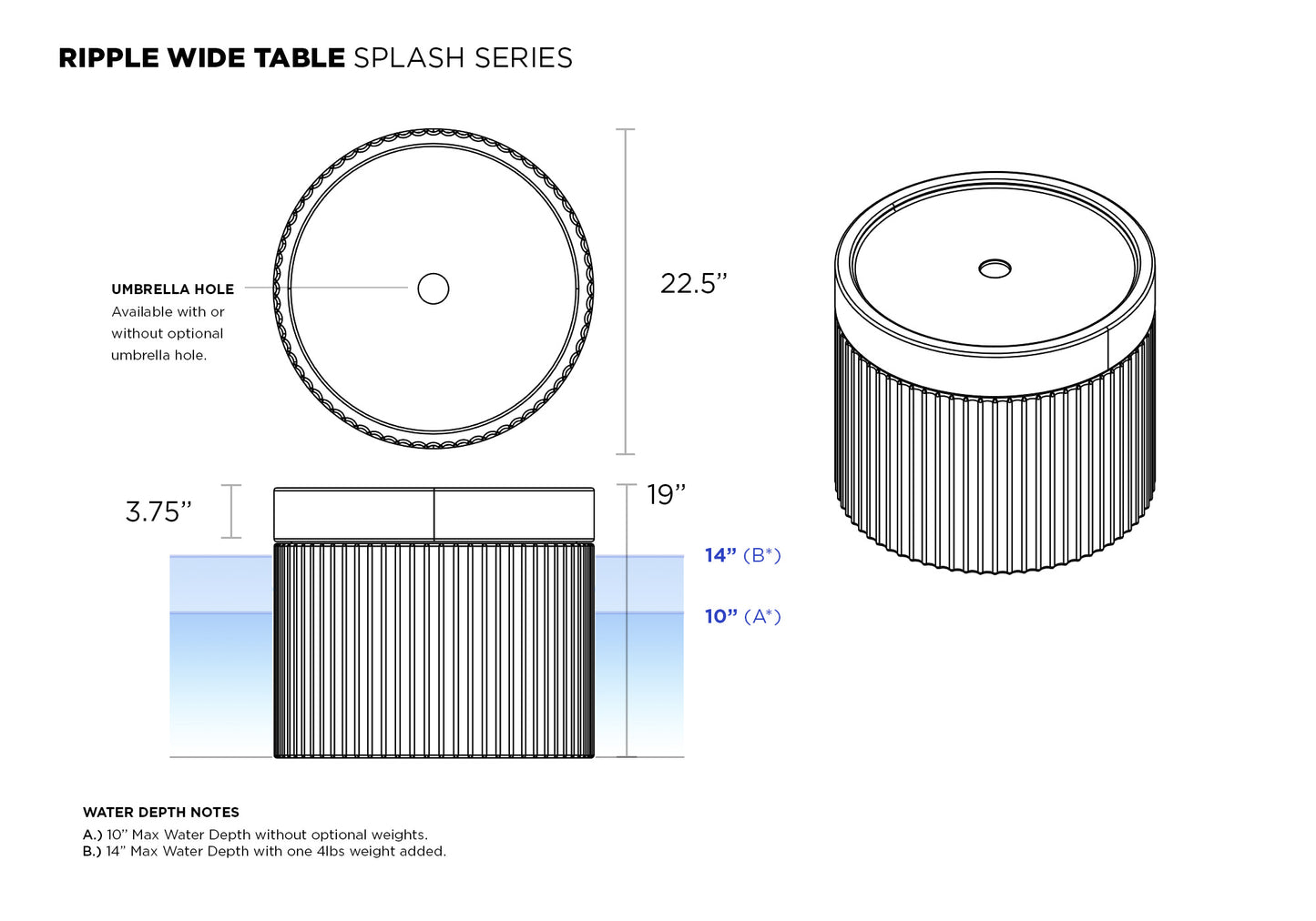 Tenjam Ripple Wide Side Table with Umbrella hole for 10" of water