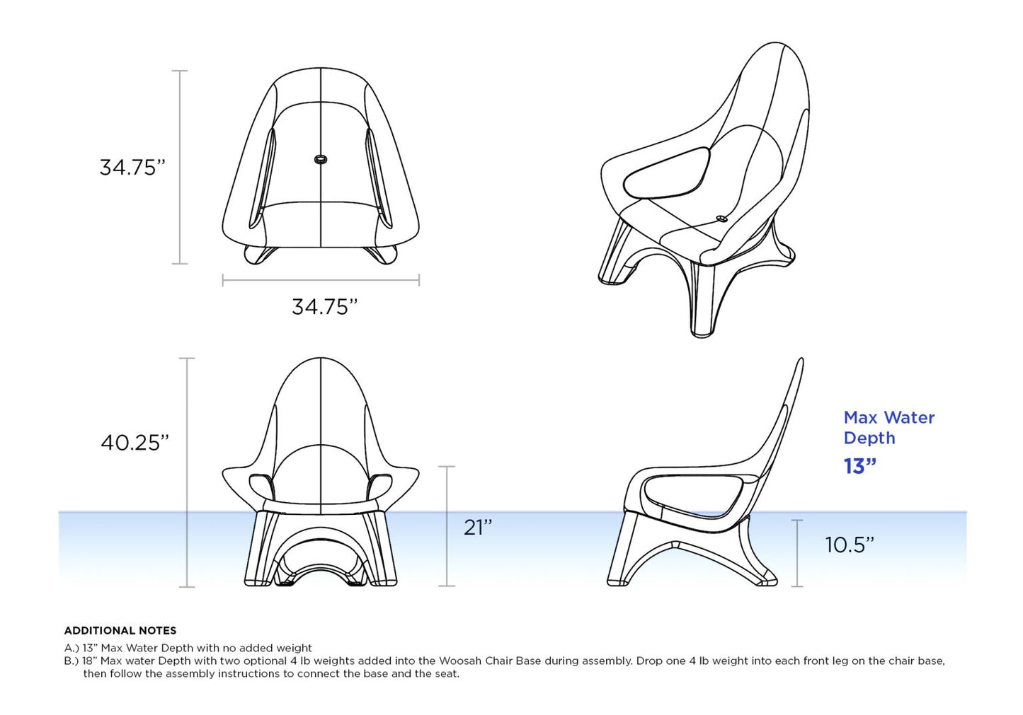 Tenjam Set of 2 In-pool Woosah Chairs for 13" of water